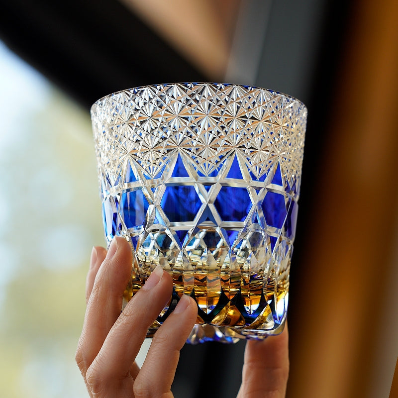 Edo Kiriko Handcrafted Sapphire Fluorite Whisky Glass With Wooden Box