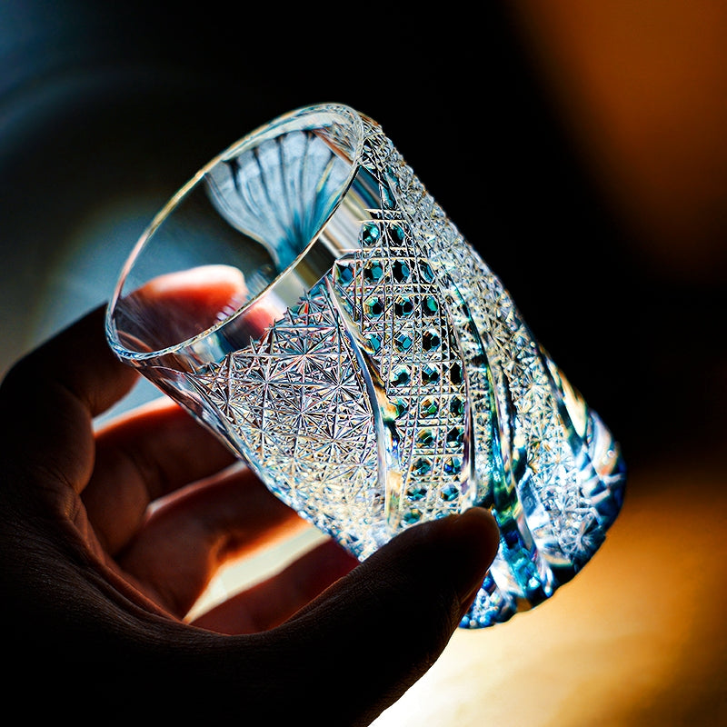 Edo Kiriko Handcrafted Azure Koi Whisky Glass With Wooden Box