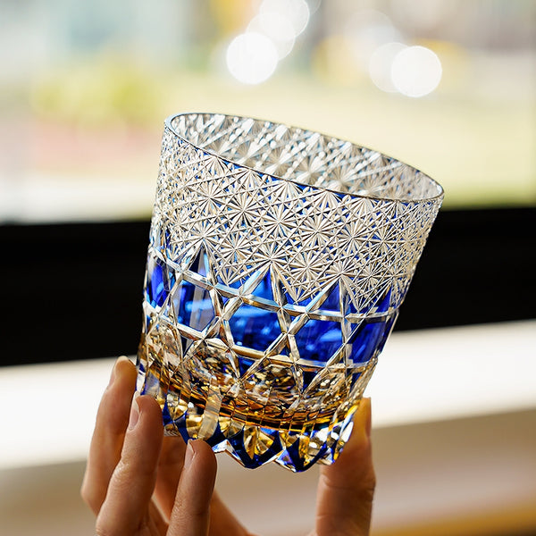 Edo Kiriko Handcrafted Sapphire Fluorite Whiskey Glass With Wooden Box