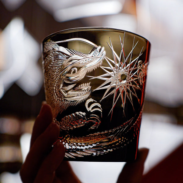 Edo Kiriko Handcrafted Soaring Dragon Whiskey Glass With Wooden Box