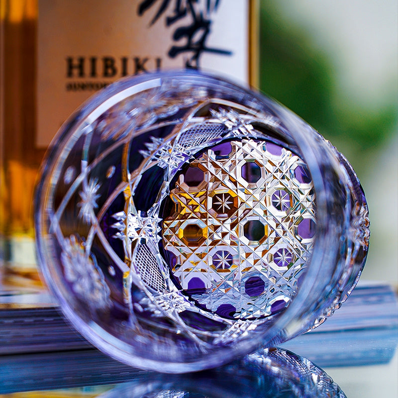 Edo Kiriko Handcrafted Violet Kohana Blossom Glass With Wooden Box