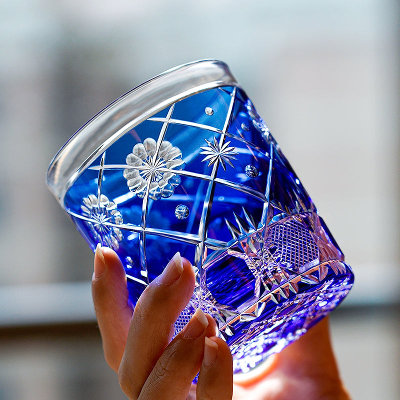 Edo Kiriko Handcrafted Royal Blue Kohana Blossom Glass With Wooden Box