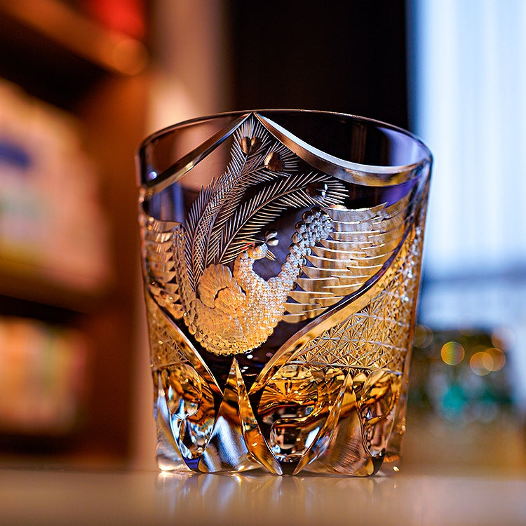 Edo Kiriko Handcrafted Dancing Phoenix Whisky Glass With Wooden Box