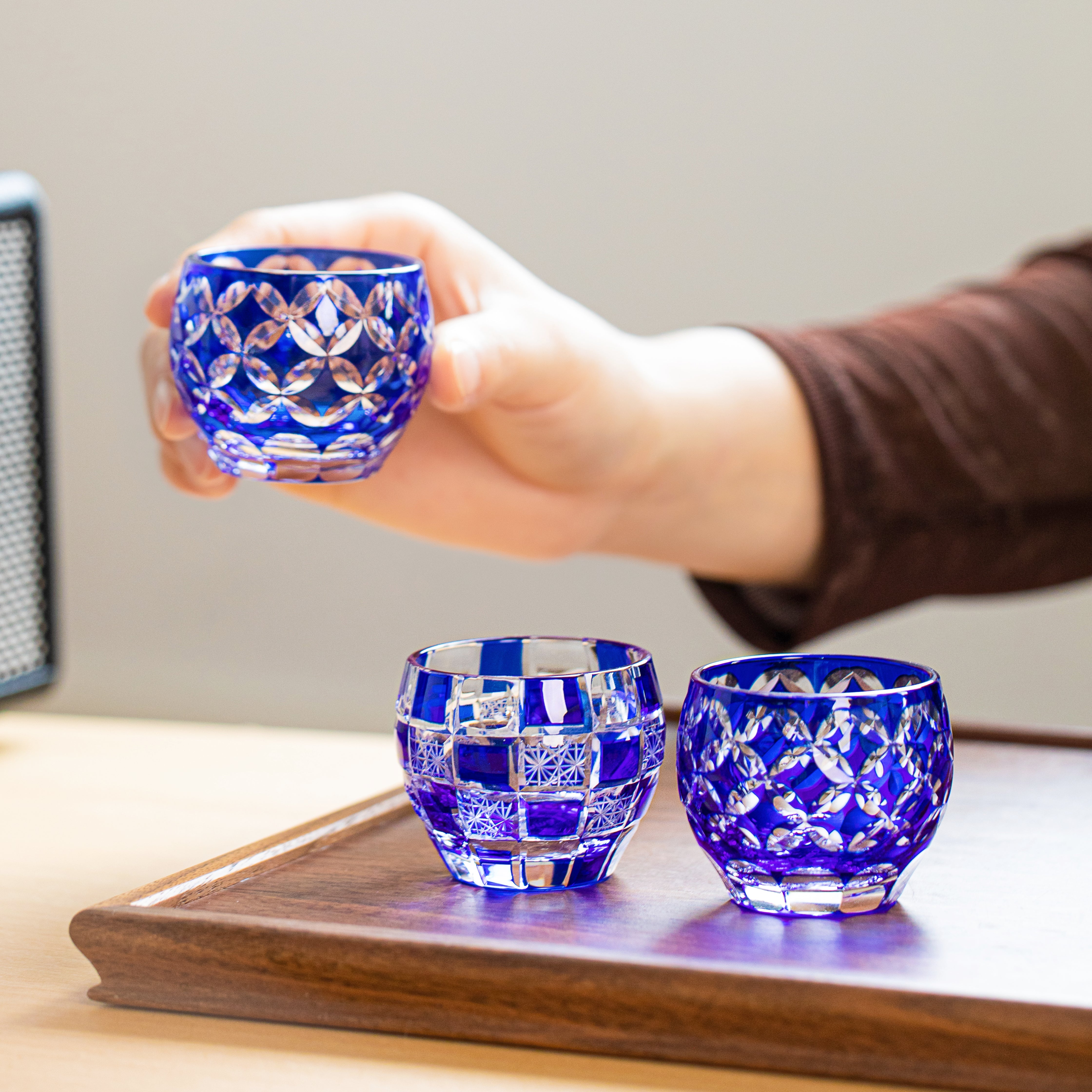 Edo Kiriko Handcrafted Ruri Guinomi Sake Glass Collection