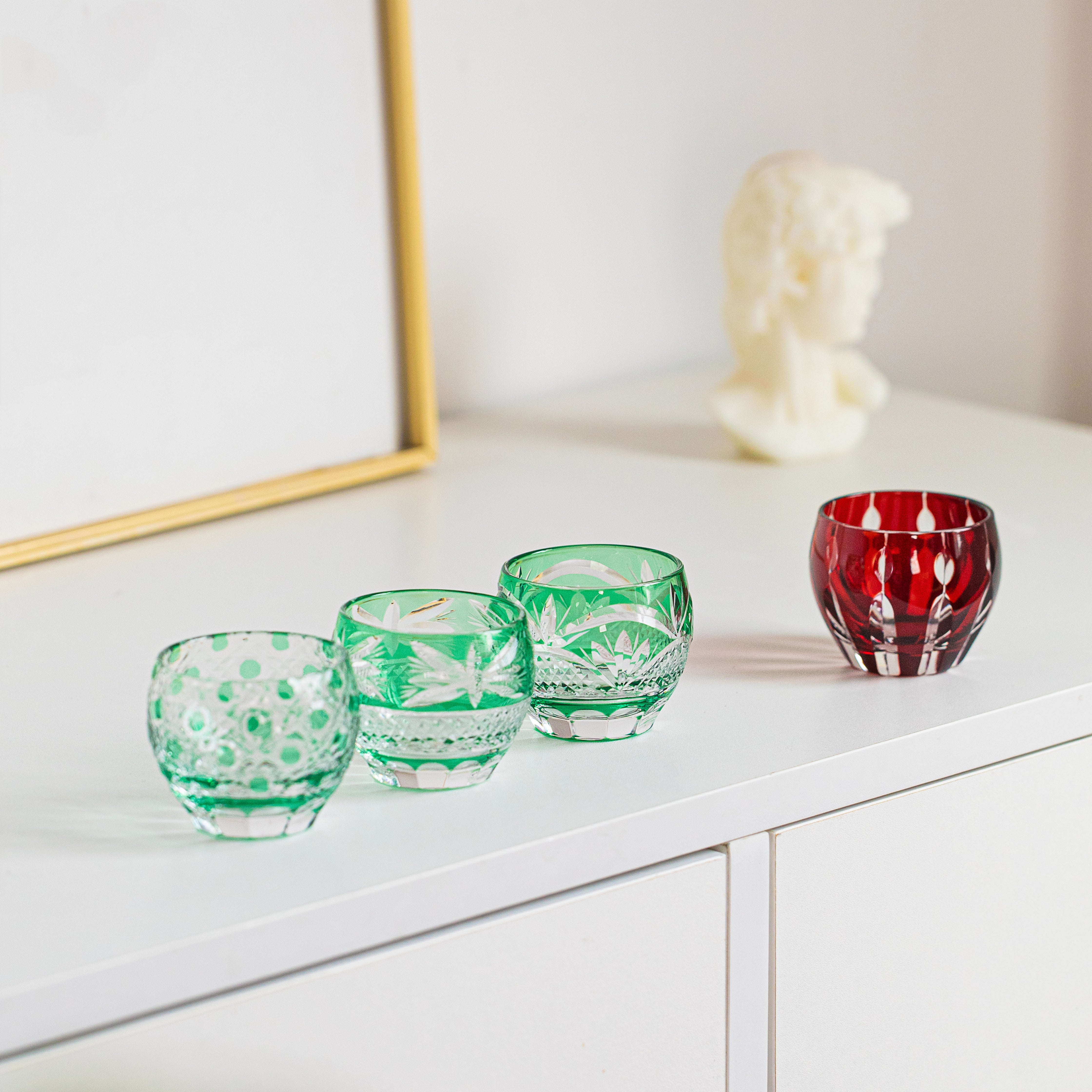 Edo Kiriko Handcrafted Midoriha Guinomi Sake Glass Collection