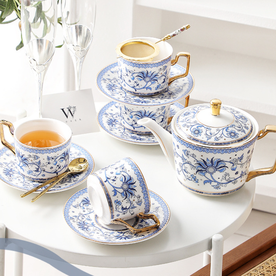 Blue Floral Harmony Ceramic Tea Cup Wedding Gift Sets - MASU