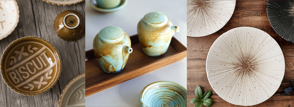 Handcrafted ceramic collections, ceramic plates and soysauce bottle