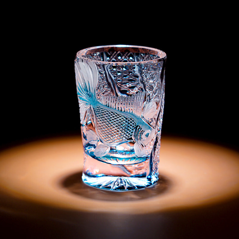 Edo Kiriko Handcrafted Azure Koi Whisky Glass With Wooden Box