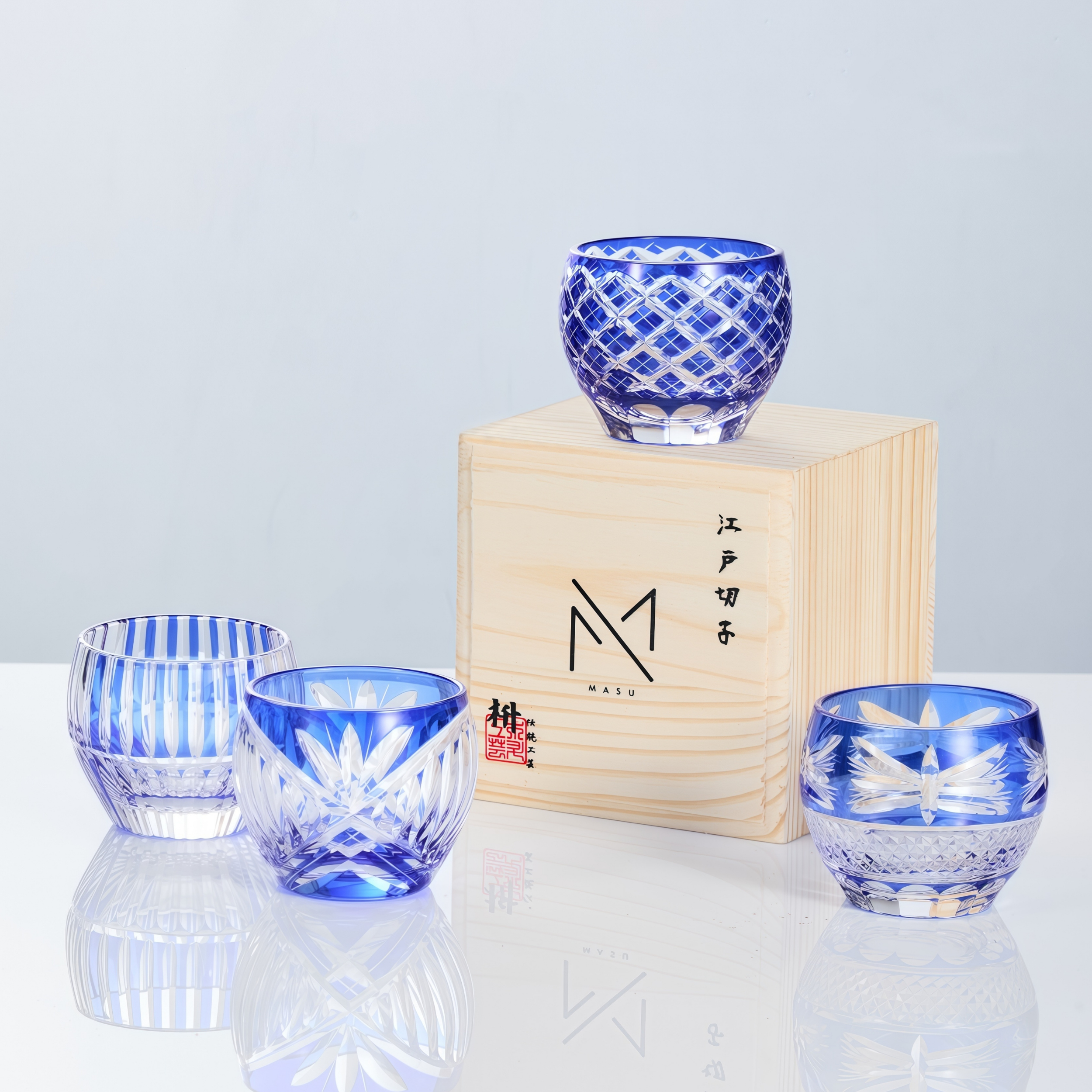 Edo Kiriko Handcrafted Ruri Ochoko Sake Glass Collection