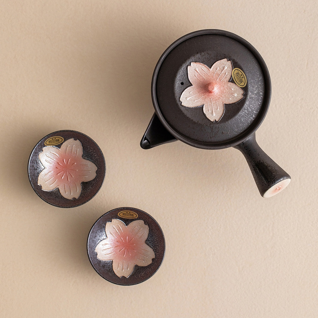Ensemble de thé en céramique Yohen Sakura fait à la main de Arita Ware avec boîte en bois