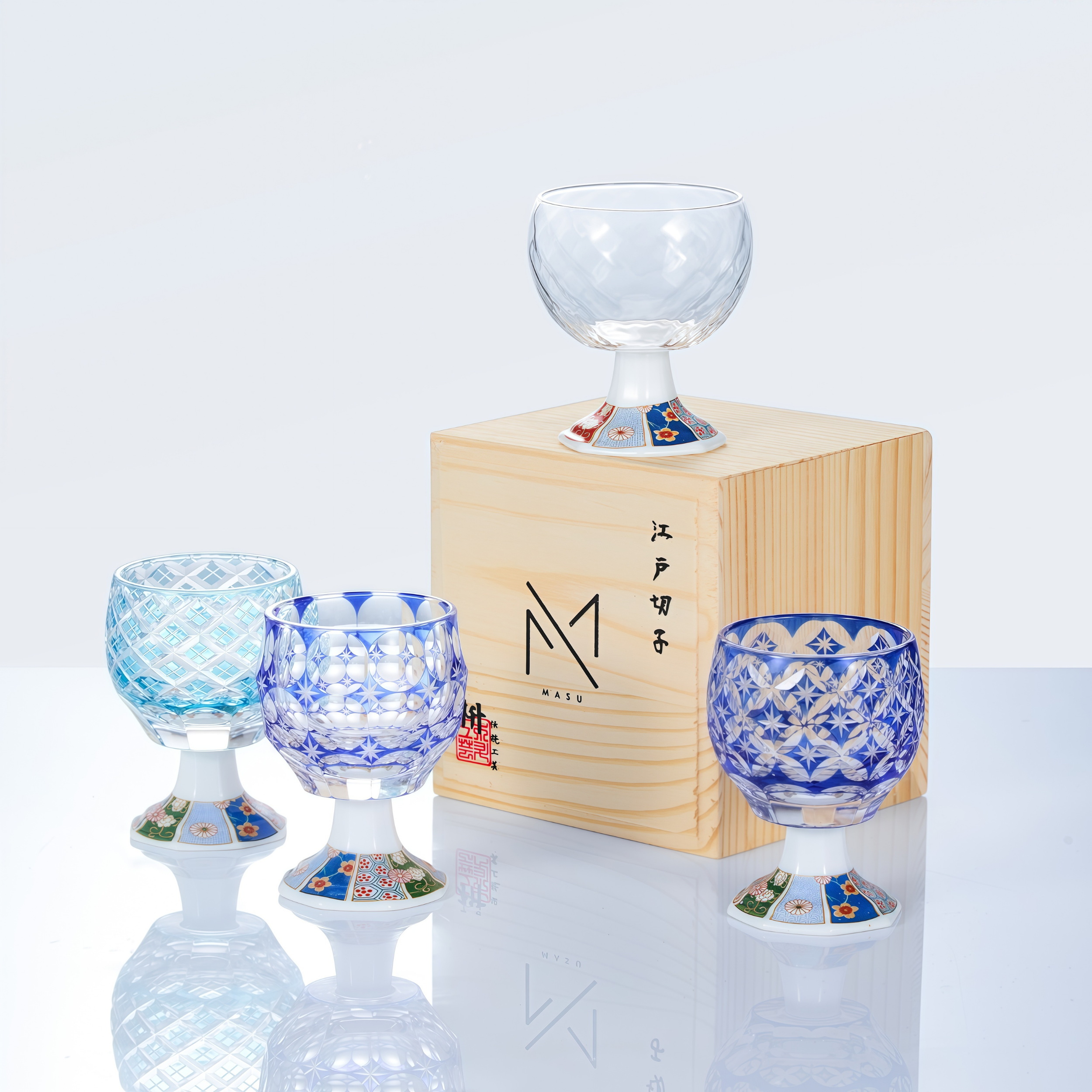 Edo Kiriko Handcrafted Takadaka Komon Goblet Glass Collection