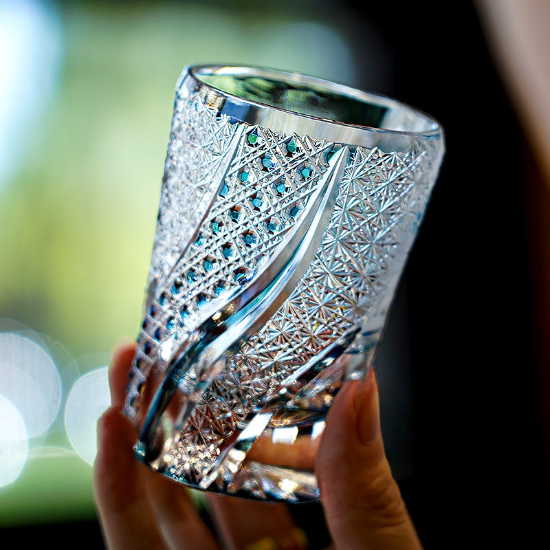 Edo Kiriko Handcrafted Azure Koi Whisky Glass With Wooden Box