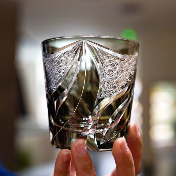 Edo Kiriko Handcrafted Inkstone Flame Whiskey Glass With Wooden Box