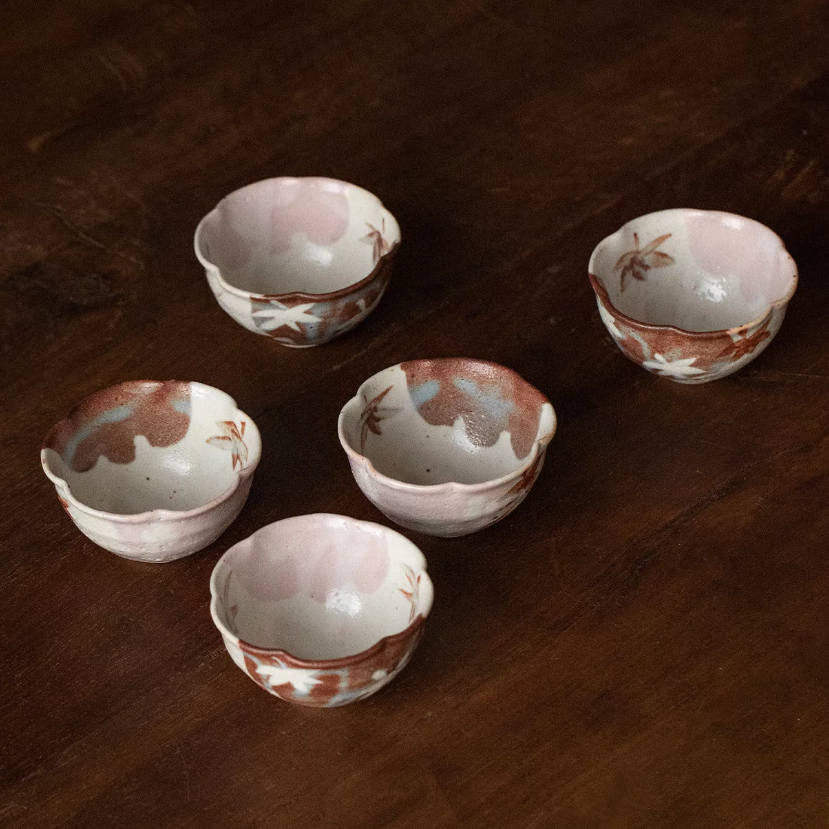 Shino Ware Handcrafted Momiji Kobachi Bowl Set of Five
