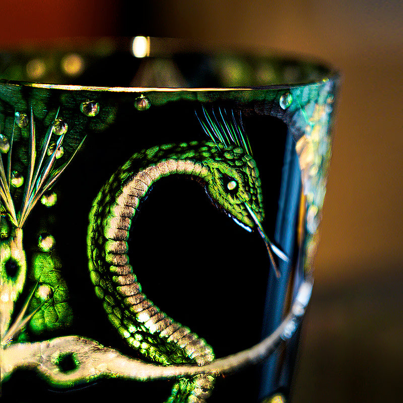 Edo Kiriko Handcrafted Green Serpent Whisky Glass With Wooden Box