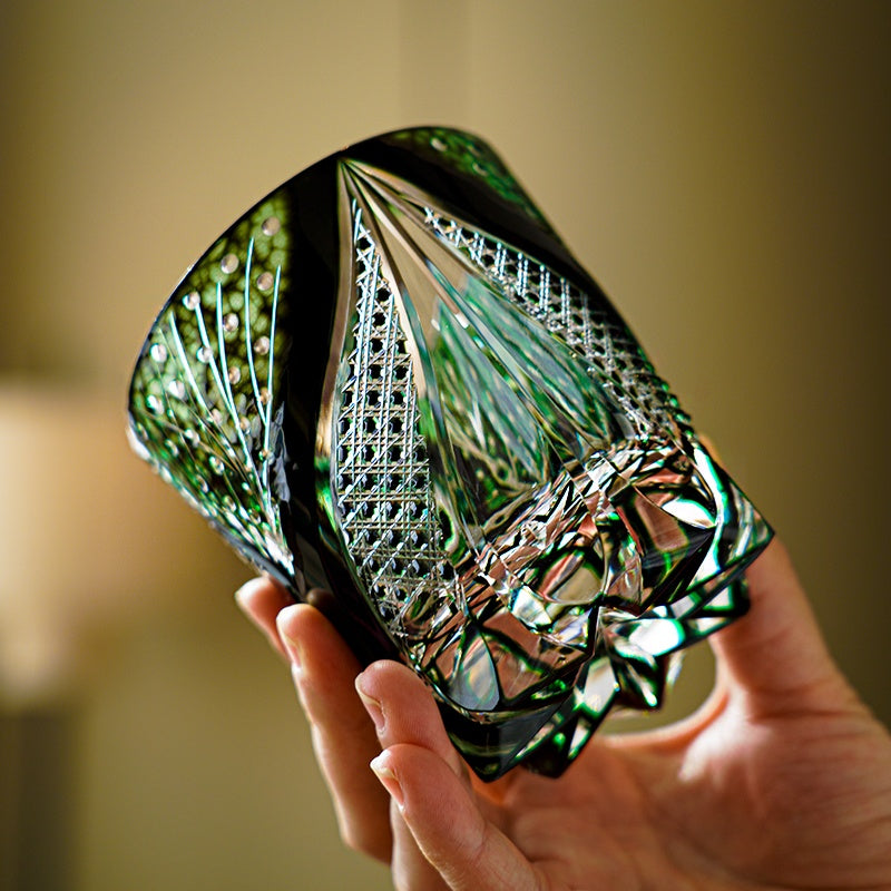 Edo Kiriko Handcrafted Green Serpent Whisky Glass With Wooden Box