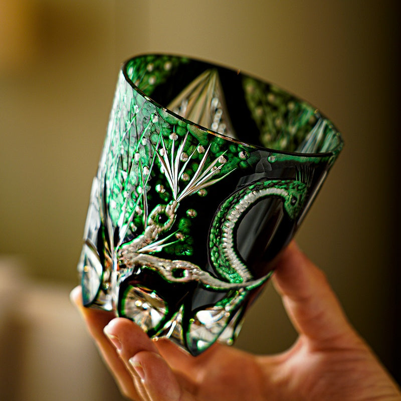 Edo Kiriko Handcrafted Green Serpent Whisky Glass With Wooden Box
