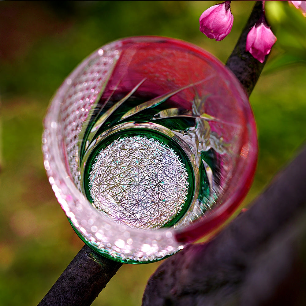 Vaso de whisky Edo Kiriko artesanal Sakura Nami con caja de madera