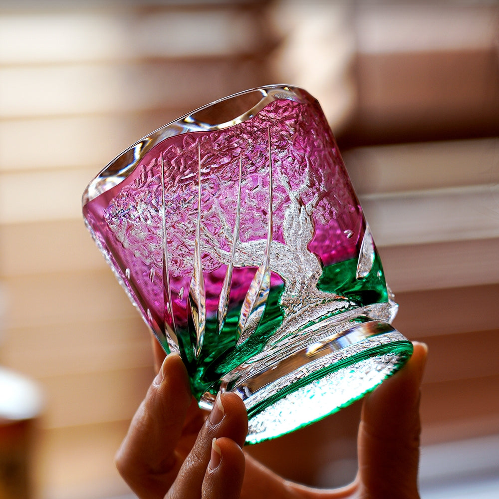 Edo Kiriko Handcrafted Sakura Nami Whisky Glass With Wooden Box