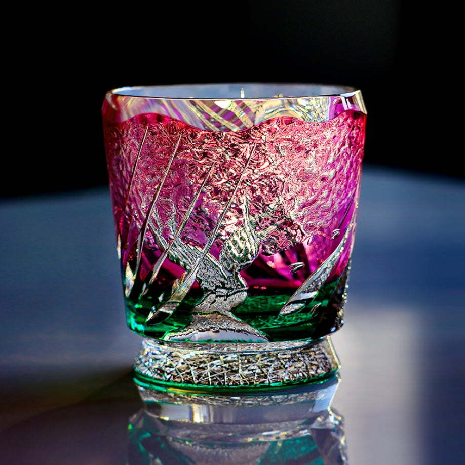 Vaso de whisky Edo Kiriko artesanal Sakura Nami con caja de madera