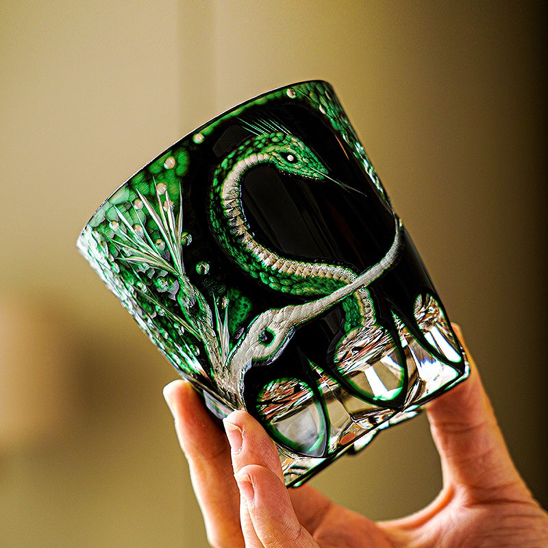 Edo Kiriko Handcrafted Green Serpent Whisky Glass With Wooden Box