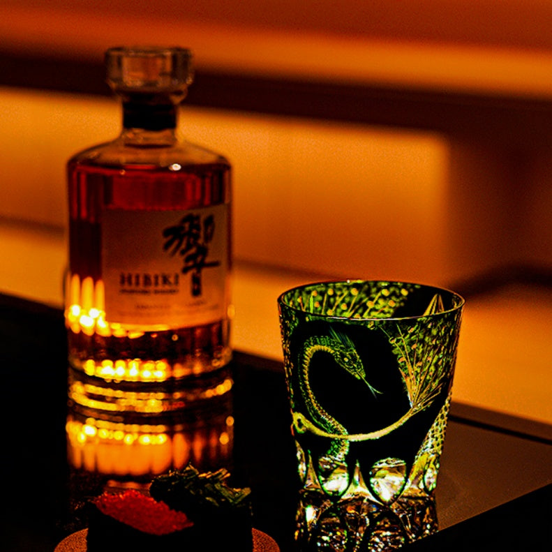 Edo Kiriko Handcrafted Green Serpent Whisky Glass With Wooden Box