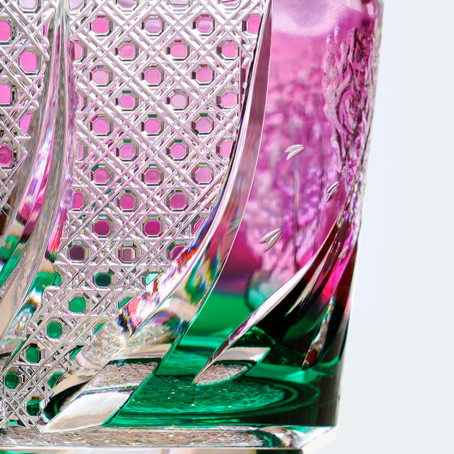 Vaso de whisky Edo Kiriko artesanal Sakura Nami con caja de madera