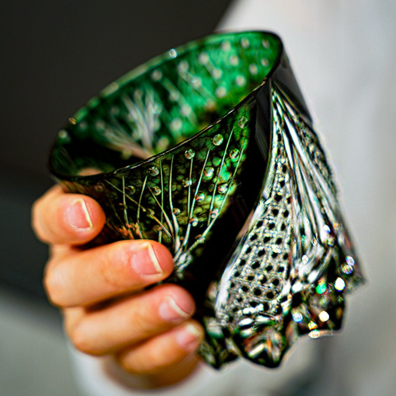 Edo Kiriko Handcrafted Green Serpent Whisky Glass With Wooden Box