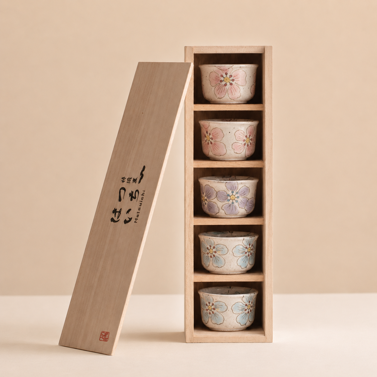 Hatsuichi Mino Ware Hana Nagare Handcrafted Tea Cup Set of Five