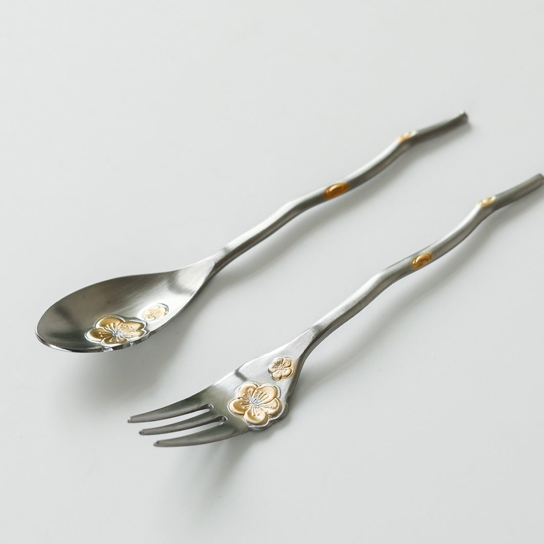 Japanese Sakura Stainless Steel Dessert Spoon and Fork Collection