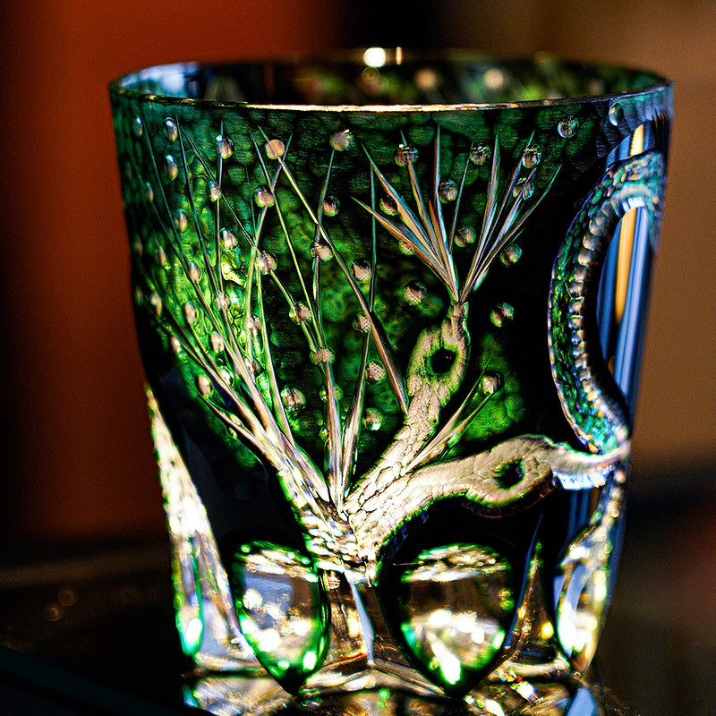 Edo Kiriko Handcrafted Green Serpent Whisky Glass With Wooden Box