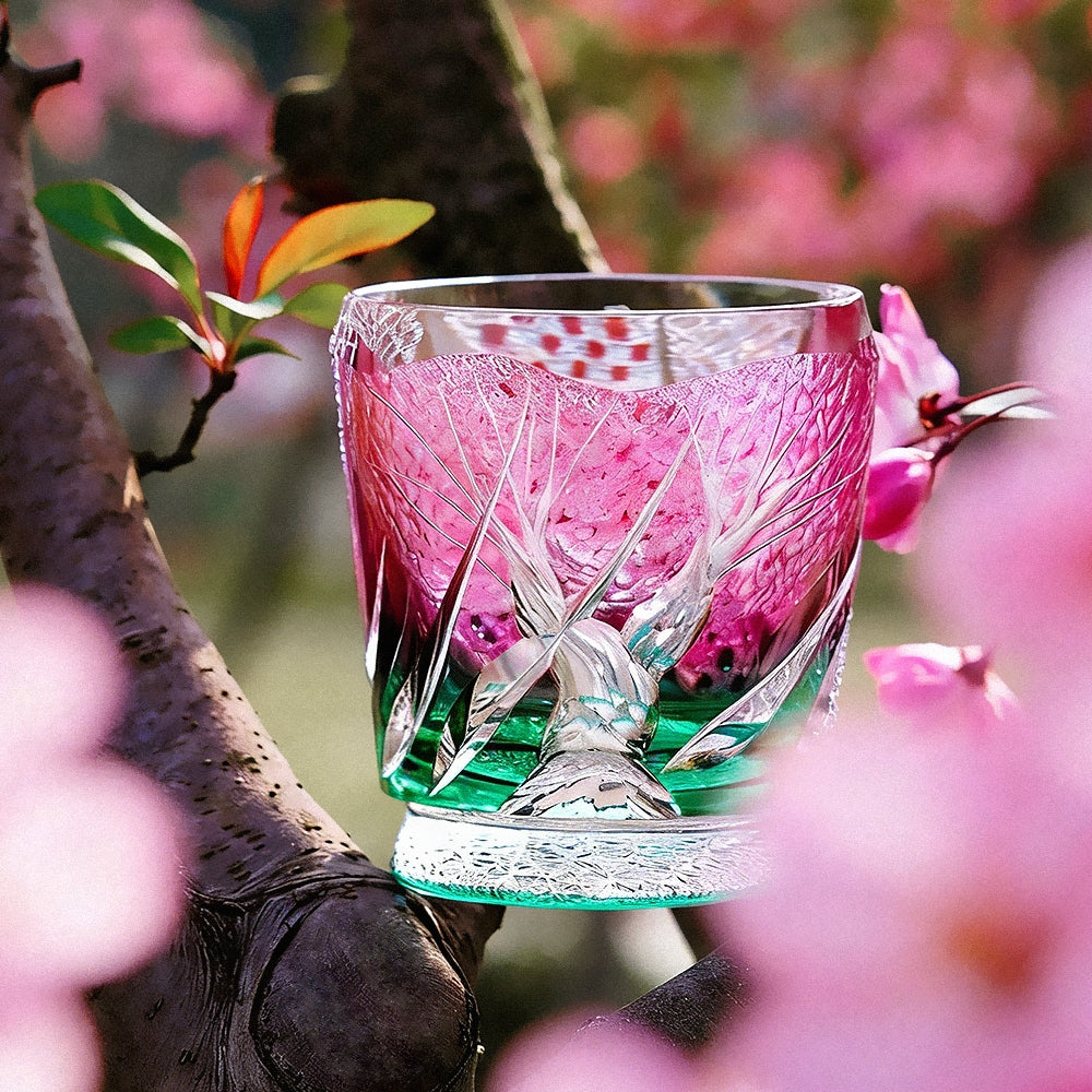 Vaso de whisky Edo Kiriko artesanal Sakura Nami con caja de madera