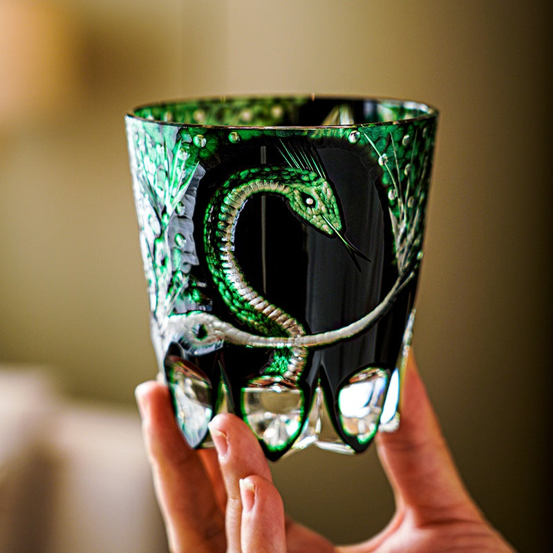 Edo Kiriko Handcrafted Green Serpent Whisky Glass With Wooden Box