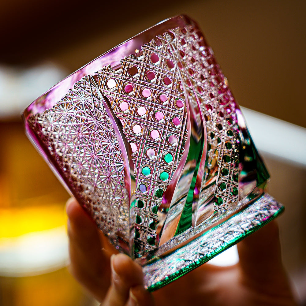 Edo Kiriko Handcrafted Sakura Nami Whisky Glass With Wooden Box