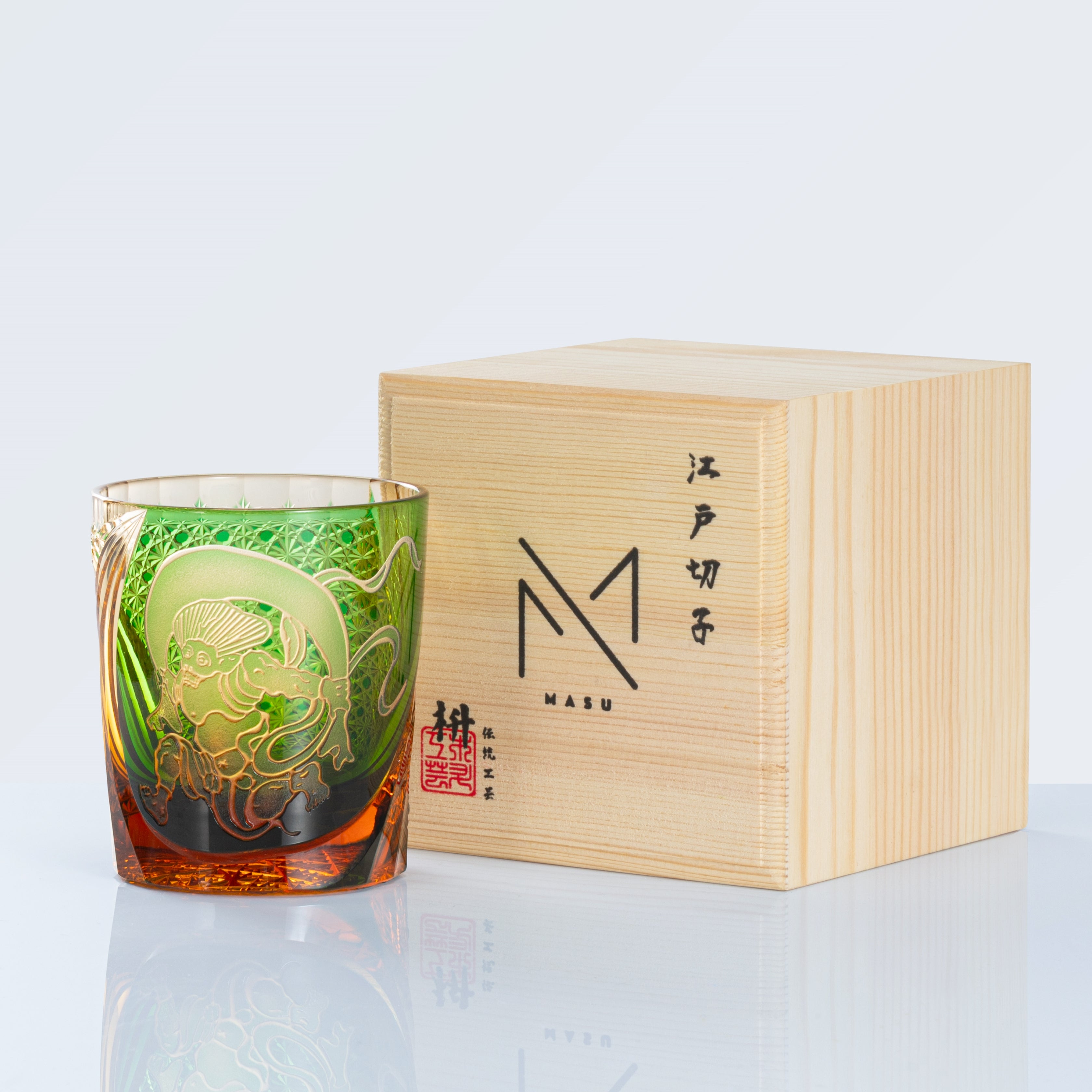 Edo Kiriko Handcrafted Fujin Whisky Glass With Wooden Box