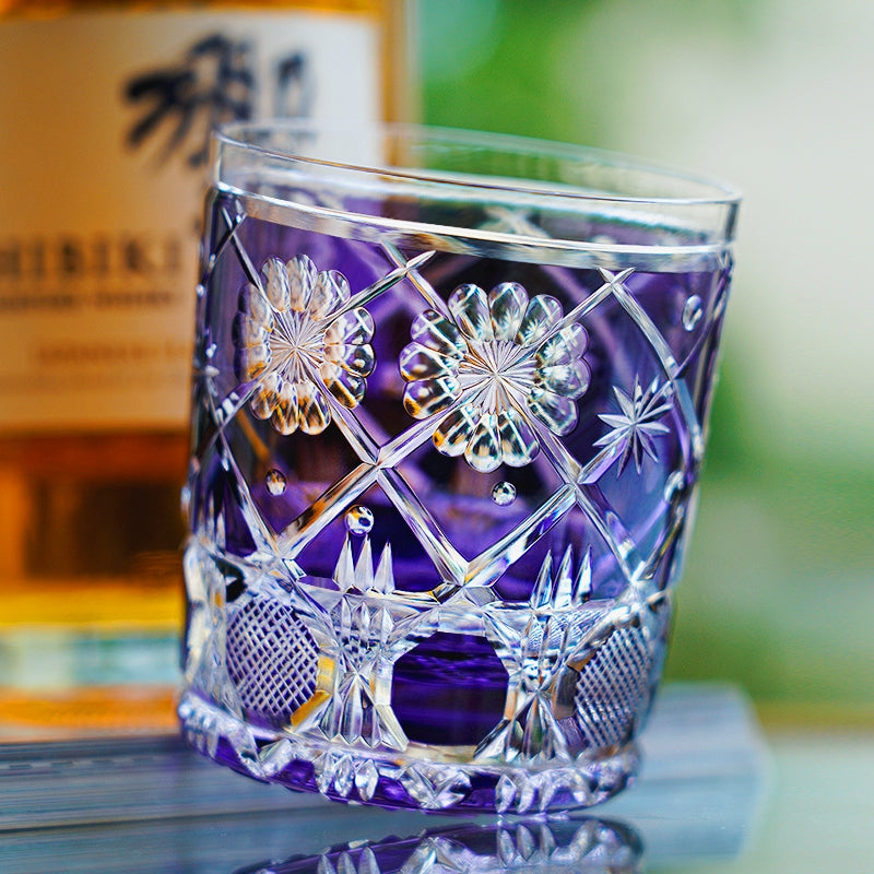 Edo Kiriko Handcrafted Violet Kohana Blossom Glass With Wooden Box