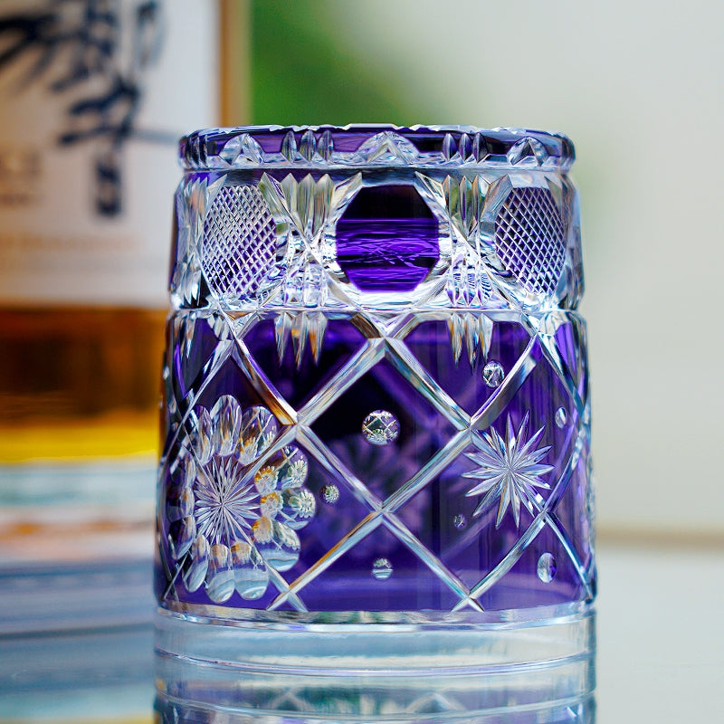 Edo Kiriko Handcrafted Violet Kohana Blossom Glass With Wooden Box