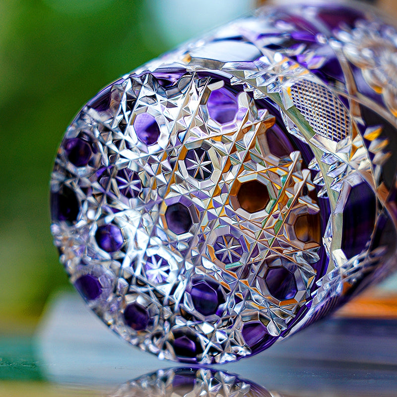 Edo Kiriko Handcrafted Violet Kohana Blossom Glass With Wooden Box