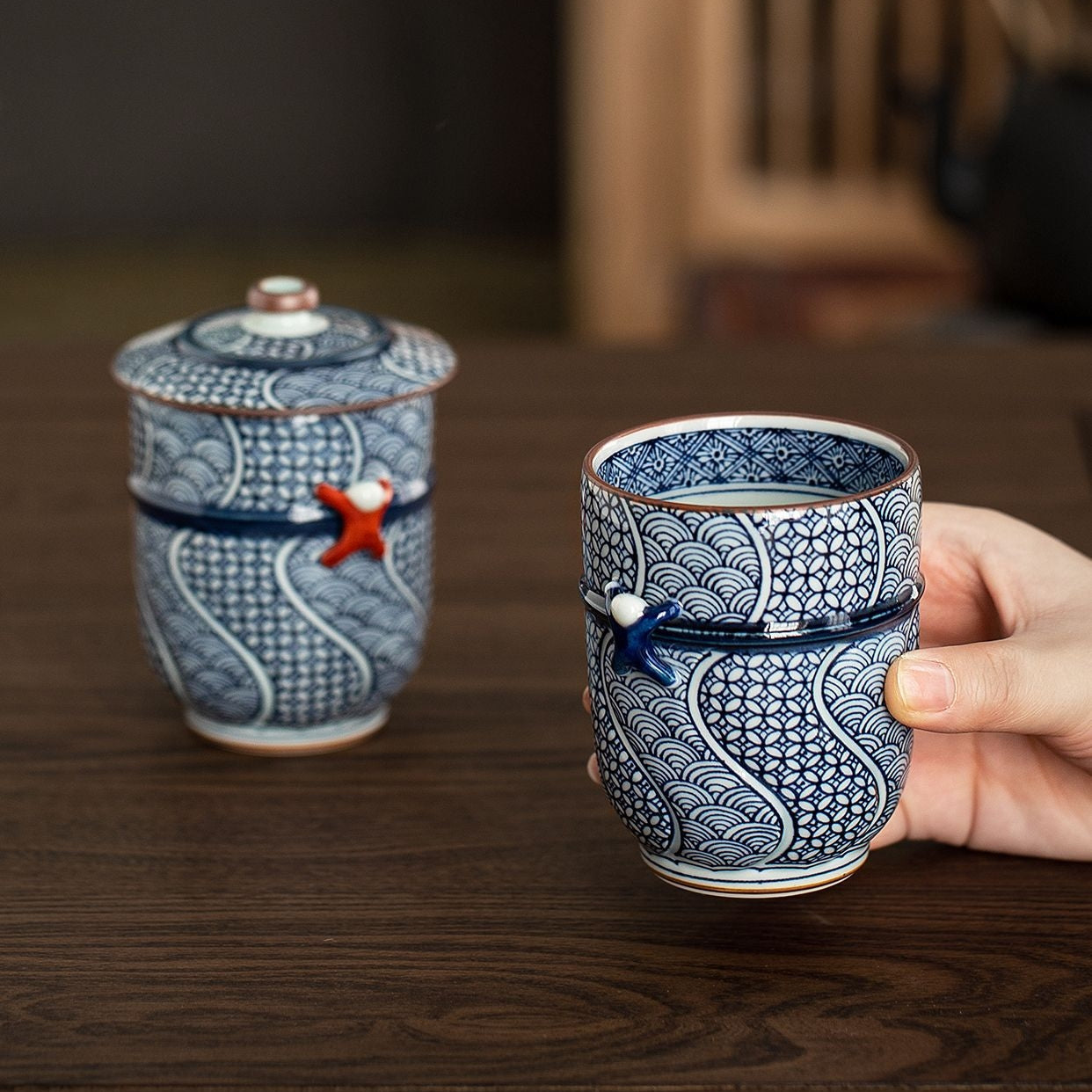 Arita Ware Seigaiha Shippou Lidded Ceramic Teacup