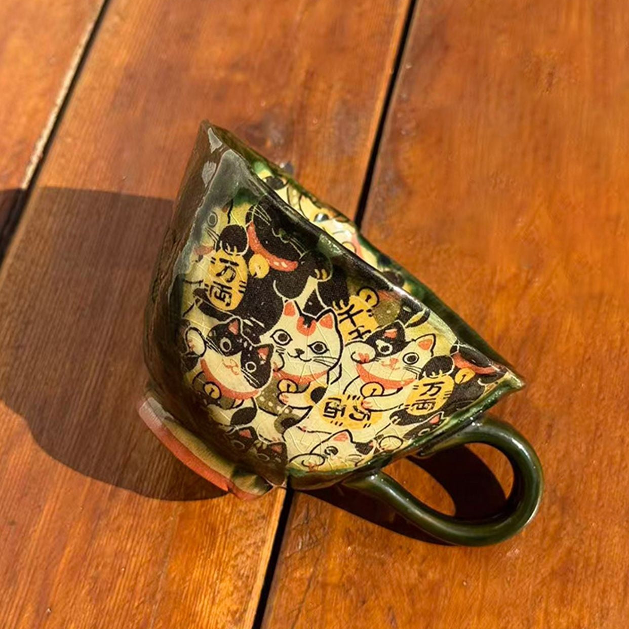 Mino Ware Handcrafted Oribe Fuku Neko Coffee Cup/Saucer Set