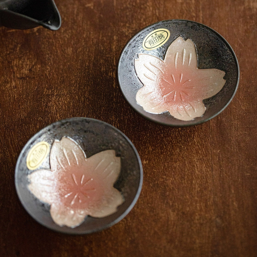 Ensemble de thé en céramique Yohen Sakura fait à la main de Arita Ware avec boîte en bois