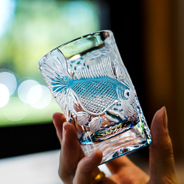 Edo Kiriko Handcrafted Azure Koi Whisky Glass With Wooden Box