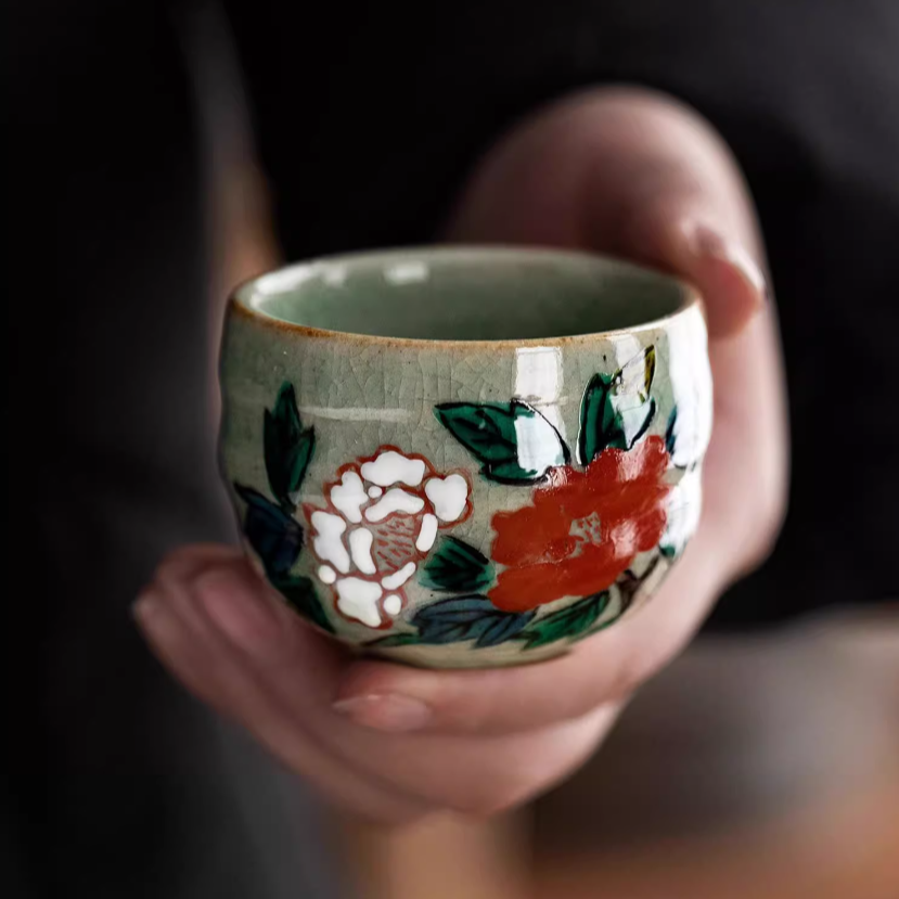 Kutaniyaki Handcrafted Goh-Souka Tea Cup Set of Five with Wooden Box