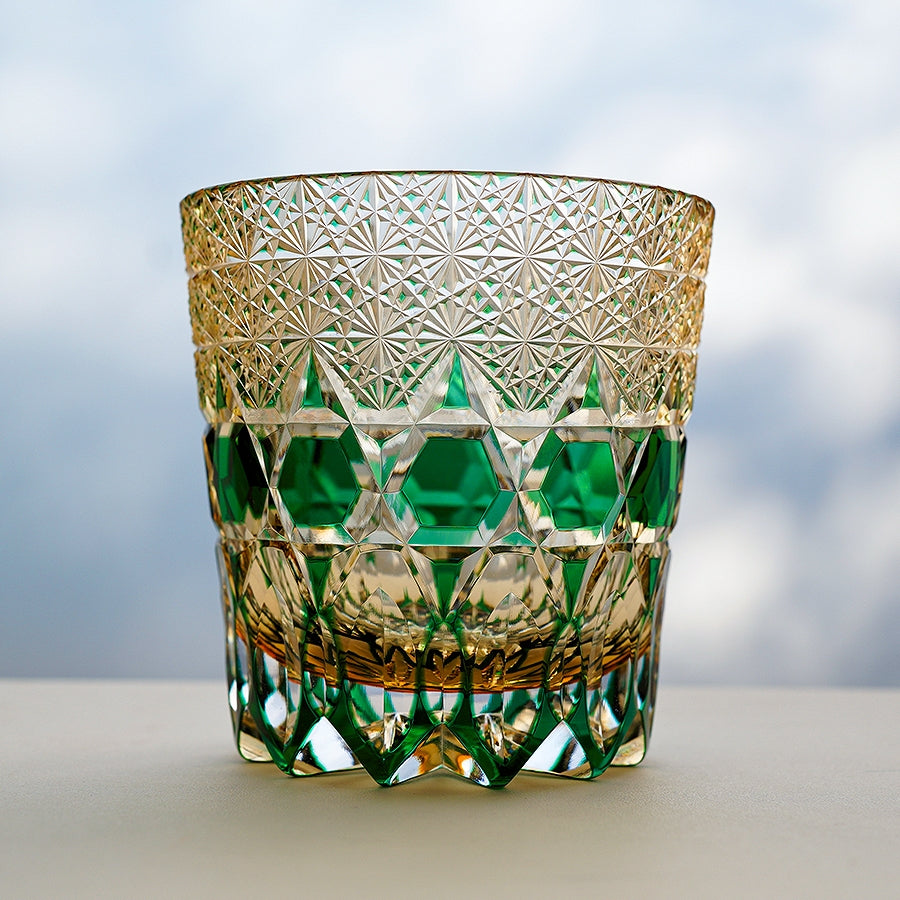 Edo Kiriko Handcrafted Emerald Fluorite Whisky Glass With Wooden Box