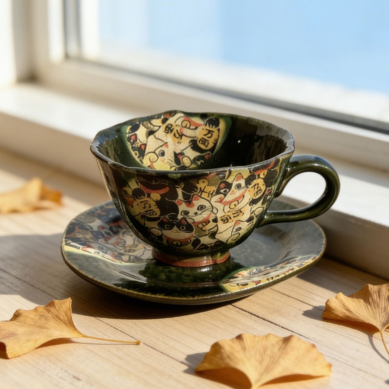 Mino Ware Handcrafted Oribe Fuku Neko Coffee Cup/Saucer Set