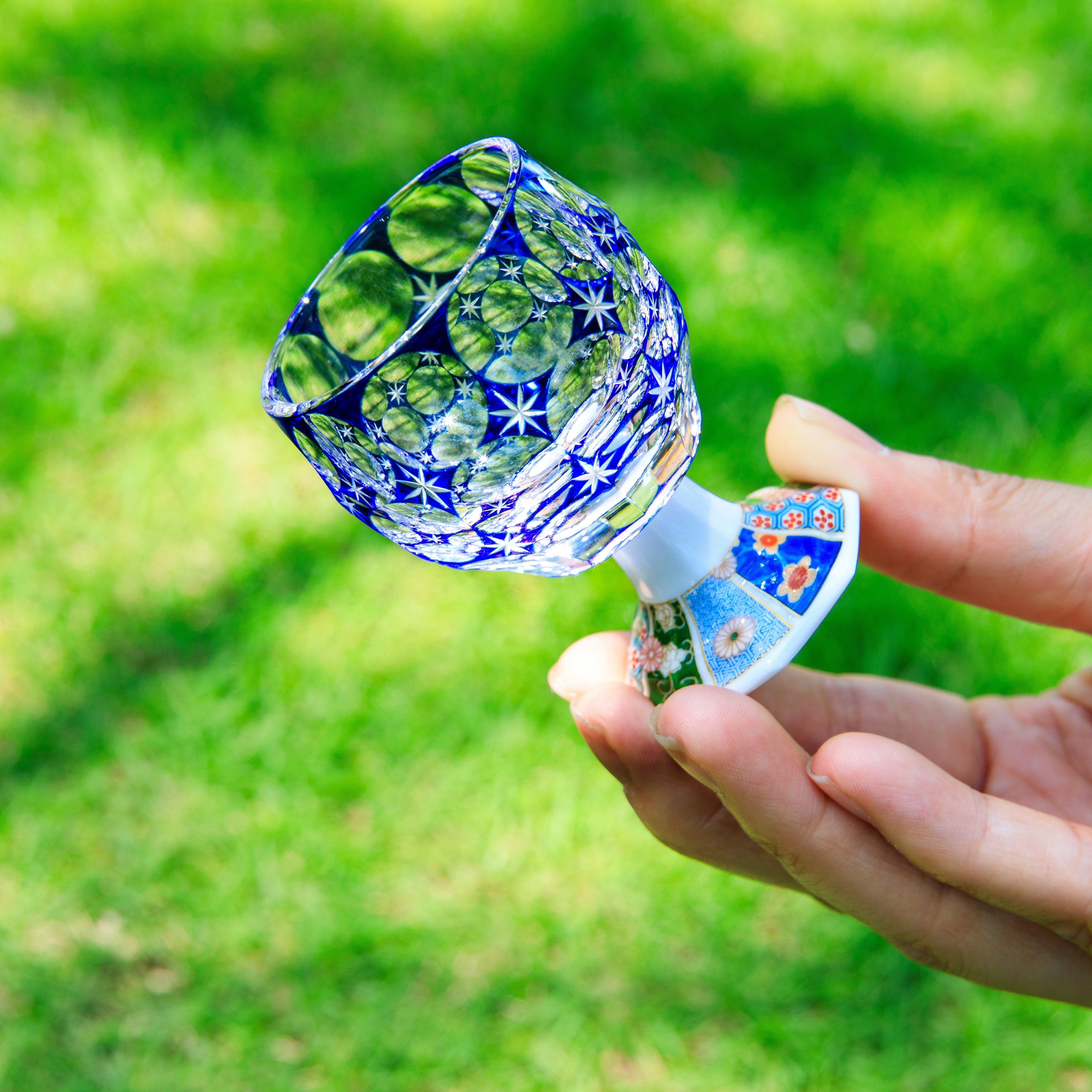 Edo Kiriko Handcrafted Takadaka Komon Goblet Glass Collection
