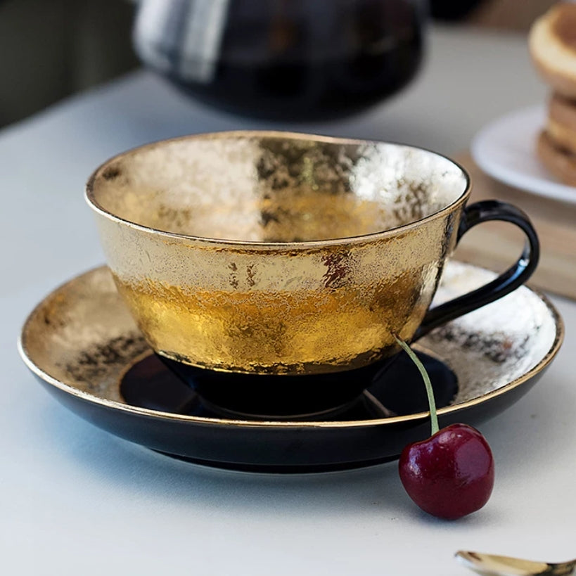 Arita Ware Handcrafted Kinsai Black Gold Coffee Cup/Saucer Set