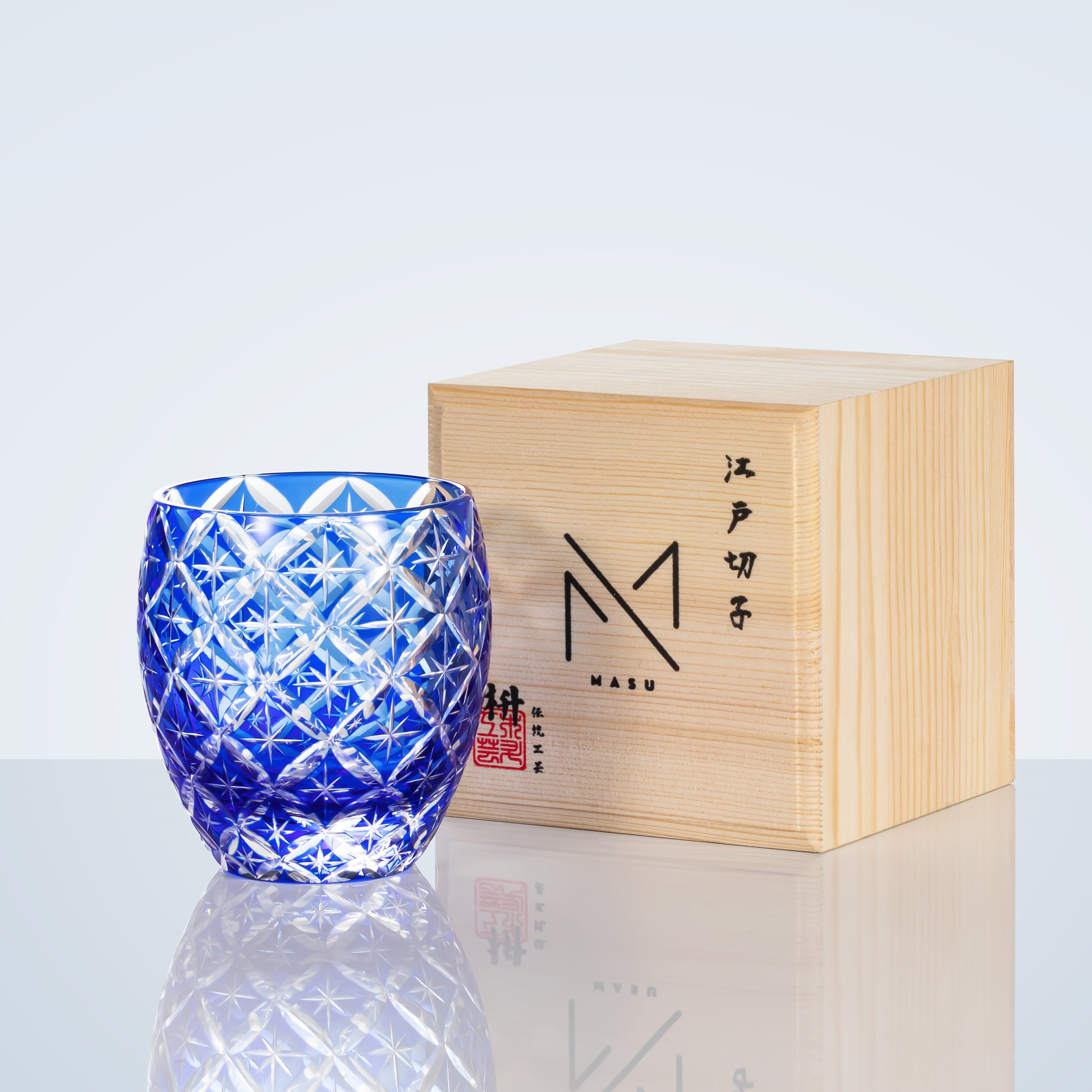 Edo Kiriko Handcrafted Sapphire Shippo Whisky Glass With Wooden Box
