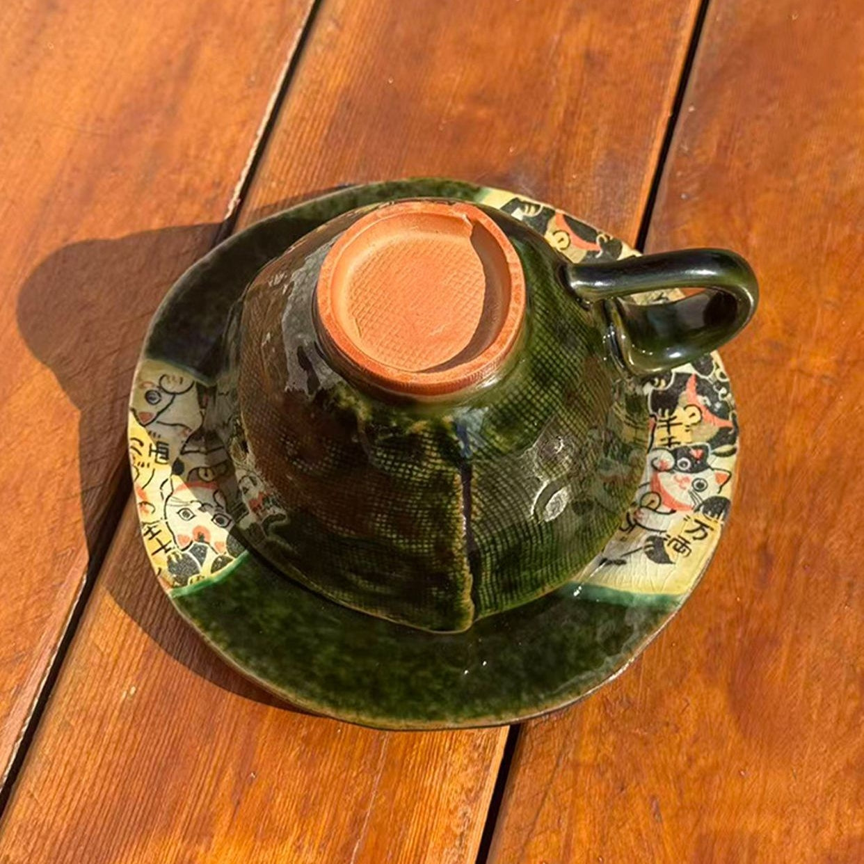 Mino Ware Handcrafted Oribe Fuku Neko Coffee Cup/Saucer Set