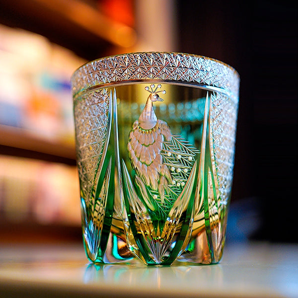 Edo Kiriko Handcrafted Emerald Peacock Whiskey Glass With Wooden Box